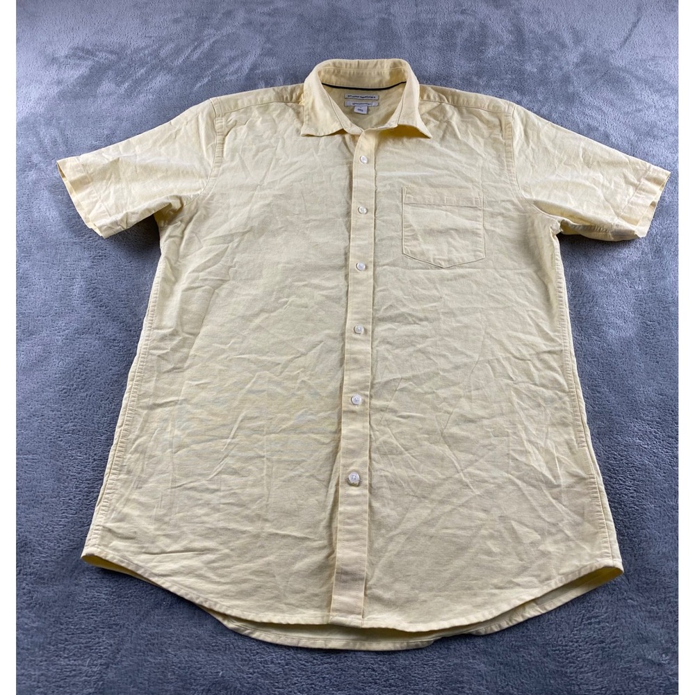 Amazon Essentials Mens Short Sleeve Button Down Shirt Yellow Cotton Regular Sz M